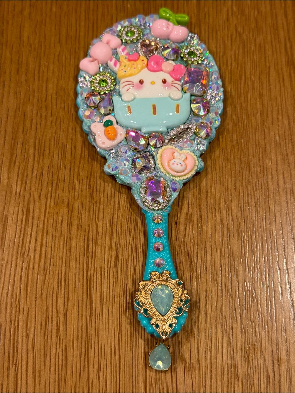 Kawaii Jeweled Hand Mirror in Turquoise & Pink